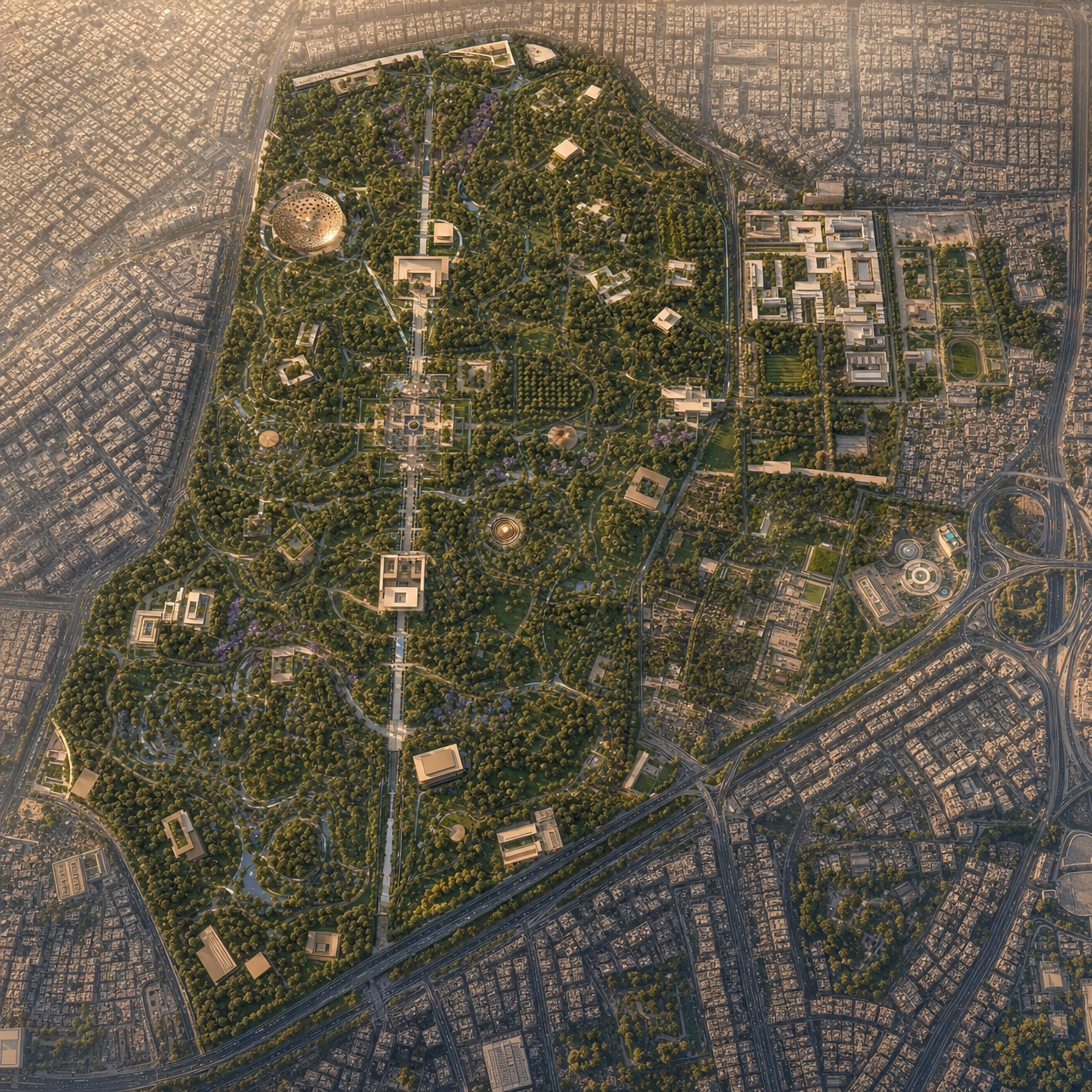 Aerial masterplan render of Keturah Al Adawi Park — the imagery this prompt system generates