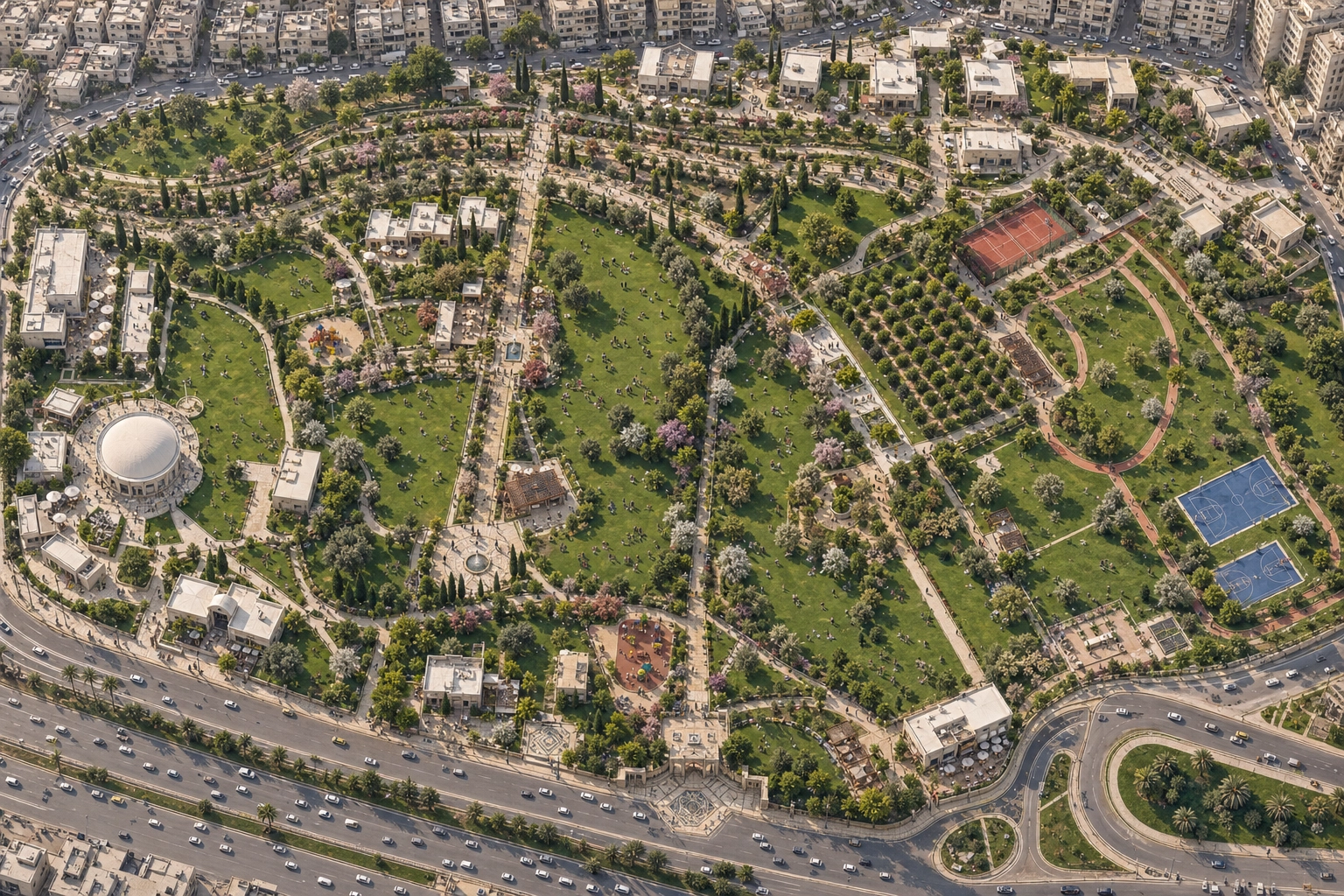 Al Adawi Park — Geometric Garden, aerial detail