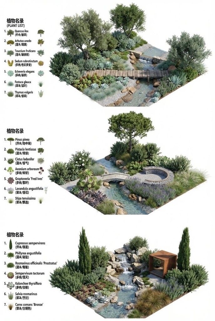 Planting palette board for Al Adawi Park — three isometric garden vignettes of drought-tolerant Mediterranean species with numbered plant lists: holm oak, stone pine, Italian cypress, lavender, rosemary, cistus and succulents