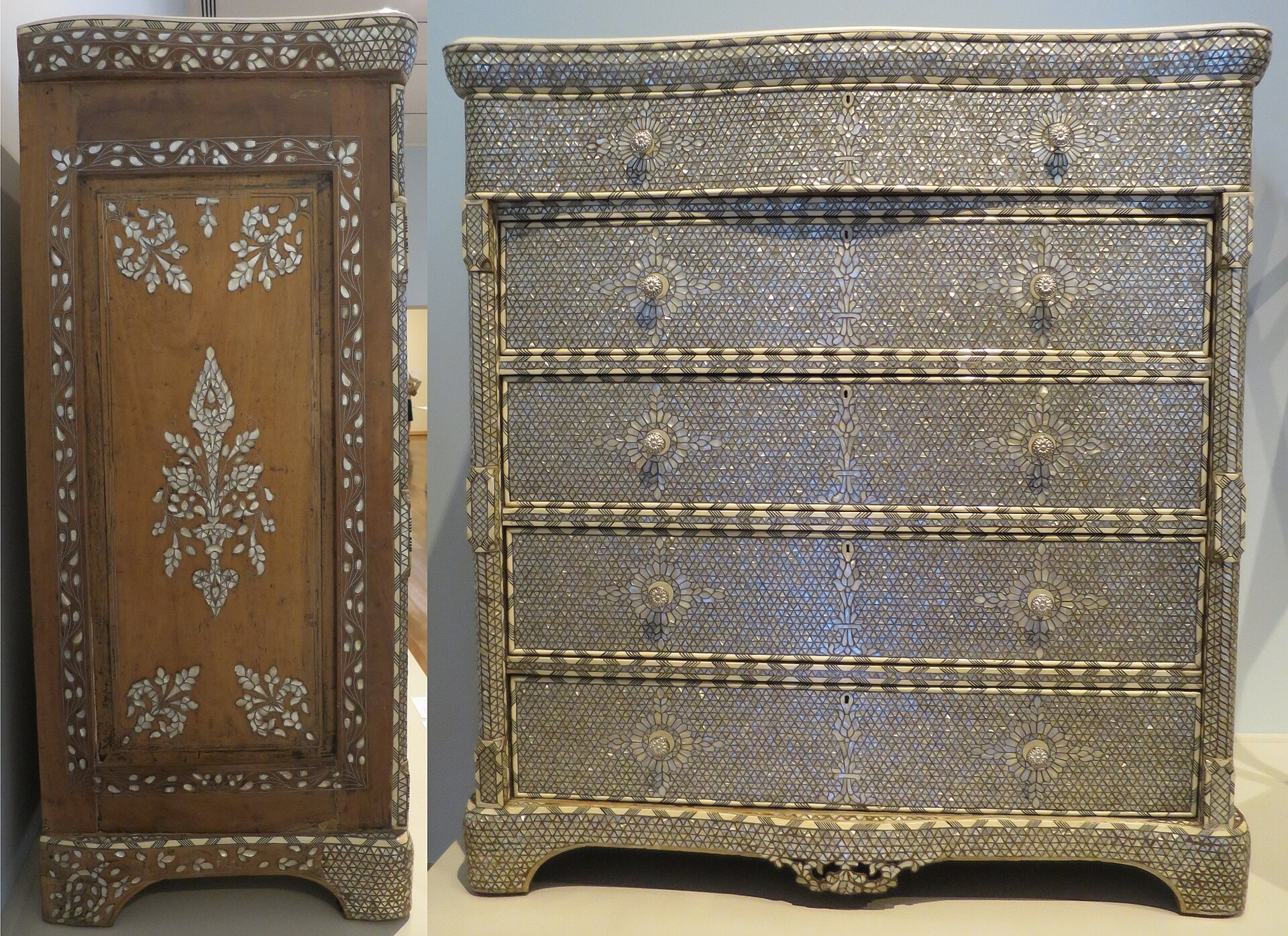 A 19th-century Damascus chest inlaid with mother-of-pearl in dense geometric patterns
