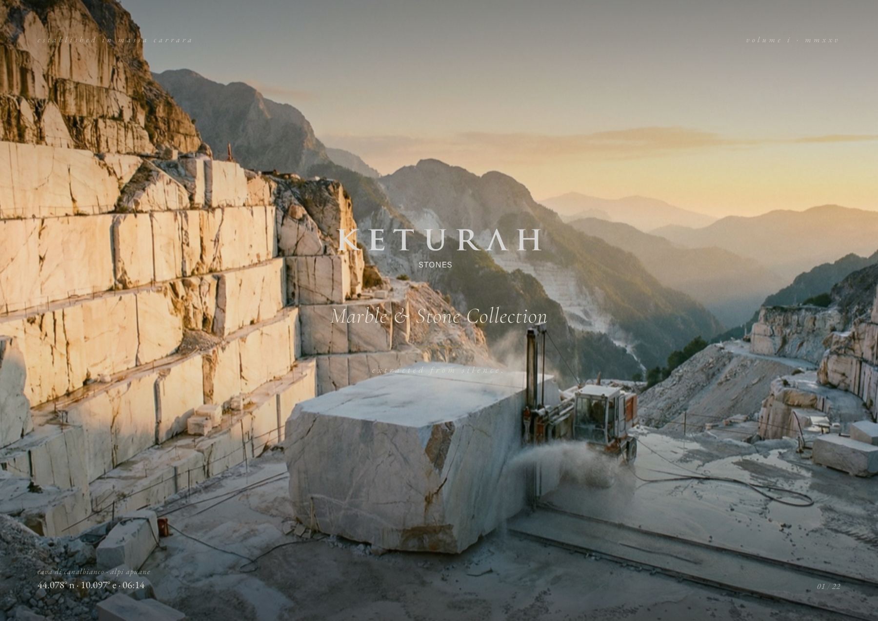 Keturah Stones quarry at dawn — marble benches of Cava di Canalbianco in the Apuan Alps, a cut block on the quarry floor