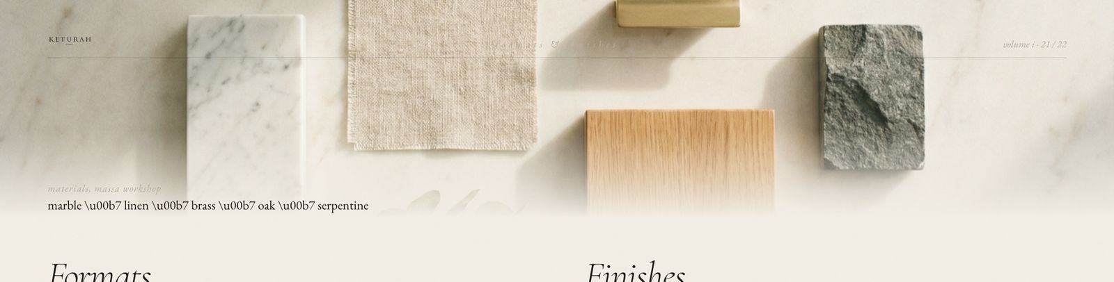 Keturah material flat-lay — marble, linen, brass, oak and serpentine samples arranged on a slab